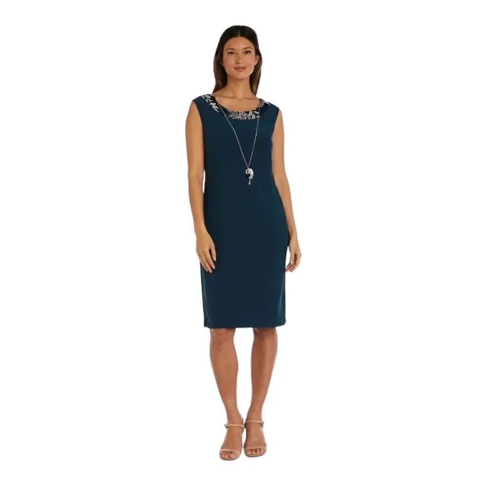 R&M Richards Womens Petite Teal Sleeveless Dress With Necklace 14P NWT NWD